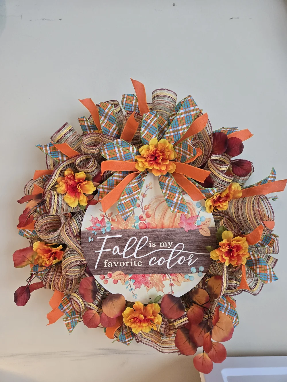Autumn Plaid Fall Wreath with Orange & Yellow Accents